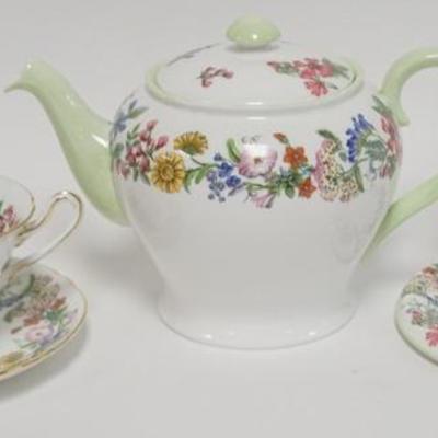 1037	FOUR PIECES OF SHELLEY *HEDGEROW* TEAPOT, CUP & SAUCER & SMALL PLATE, TEAPOT IS 6 IN H 
