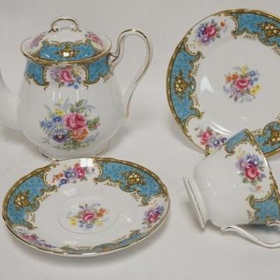 1083	FOUR PIECES OF SHELLEY *BLUE EMPRESS* TEAPOT, CUP & SAUCER & A 6 IN PLATE, TEAPOT IS 5 3/4 IN H & ARTIST SIGNED
