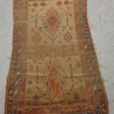 1075	ORIENTAL RUG HAS SOME WEAR & EDGE DAMAGE, 6 FT 11 IN X 3 FT 10 IN 
