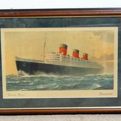 1008	FRAMED PRINT OF THE QUEEN MARY BY G. E. TURNER, CUNARD LINES, OVERALL DIMENSIONS 34 3/4 IN X 24 1/2 IN.
