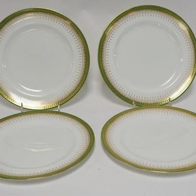 1042	SET OF FOUR ROYAL DOULTON PLATES W/ GREEN & GOLD BORDER PATTERN, 10 1/2 IN 
