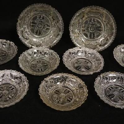 1086	NINE LACEY FLINT GLASS BOWLS, 2 ARE 5 1/4 IN, 7 ARE 4 1/2 IN, USUAL RIM CHIPS
