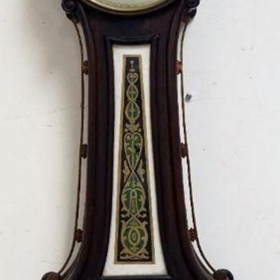 1004	NEW HAVEN BANJO CLOCK WITH GILT EAGLE FINIAL AND REVERSE PAINTED DOOR. SOME CHIPPING OF PAINT ON THE BOTTOM DOOR
