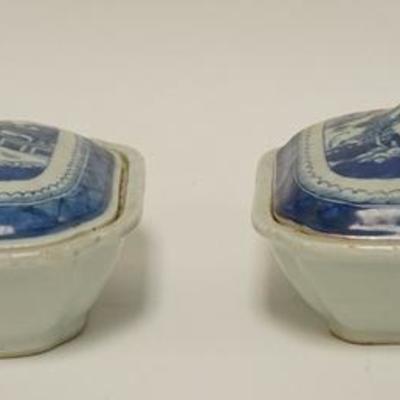 1031	TWO BLUE & WHITE CANTON COVERED BOWLS, 9 1/4 IN X 7 3/4 IN, 6 IN H 
