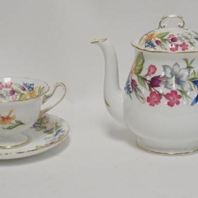 1060	SHELLEY *SPRING BOUQUET* TEAPOT & CUP & SAUCER, TEAPOT IS 6 1/2 IN H 
