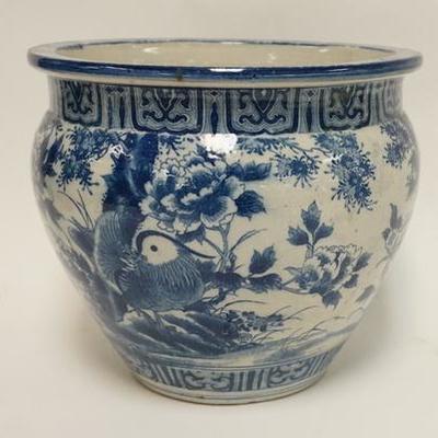1038	ASIAN BLUE & WHITE JARDINIERE W/ DUCKS, HAS HAIRLINES IN THE BASE, 9 3/4 I H, 11 1/4 IN TOP DIAMETER
