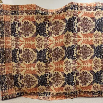 1009	ANTIQUE 3 COLOR COVERLET WITH BIRS, FLORAL URNS, BUILDINGS & PALM TREES. 6 FOOT 9 IN X 7 FOOT 5 IN
