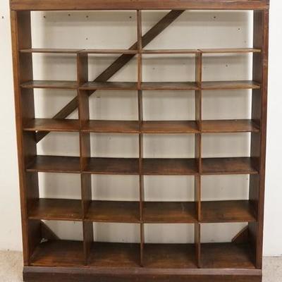 1070	NARROW PRIMITIVE COUNTRY STORE DISPLAY SHELF, MISSING TWO DIVIDERS 60 1/4 IN W, 70 IN H, 10 1/2 IN DEEP 
