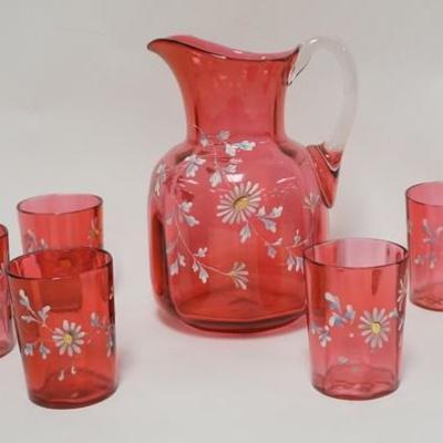 1030	CONSOLIDATED *VENECIA* CRANBERRY ENAMELED SEVEN PIECE WATER SET, PITCHER POLISHED PONTIL AS IS 9 1/4 IN H 
