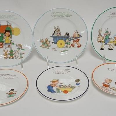 1061	GROUP OF SIX SHELLEY CHILDRENS PLATES W/ VERSES & ARTWORK BY MABEL LUCIE ATTWELL, 3 ARE 7 IN 2 ARE 6 IN & ONE SAUCER
