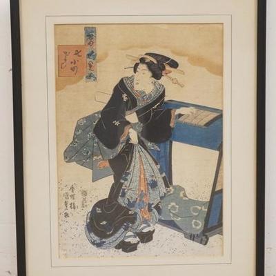1090	SIGNED JAPANESE WOOD BLOCK PRINT GEISHA GIRL, OVERALL DIMENSIONS 14 3/4 IN X 18 3/4 IN INCLUDING FRAME 
