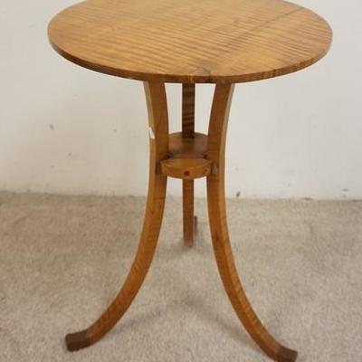1063	ANTIQUE TIGER MAPLE STAND, 18 IN DIAMETER, 27 IN IN H 
