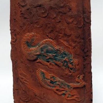 1006	TERRA COTTA UMBRELLA STAND WITH RELIEF DRAGON, 18 IN HIGH
