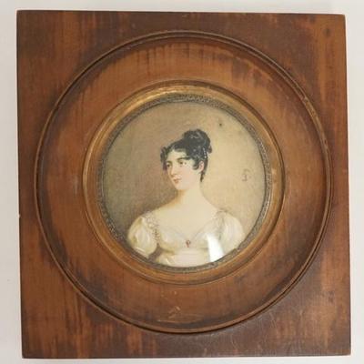 1029	MINIATURE PORTRAIT OF A LADY IN ORIGINAL FRAME SIGNED ISABEY, IMAGE IS 2 3/4 IN DIAMETER, W/ FRAME 5 1/2 IN X 5 1/2 IN 
