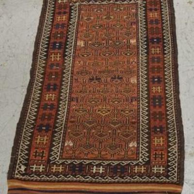 1077	ORIENTAL THROW RUG HAS A TORN EDGE, 5 FT 10 IN X 3 FT 
