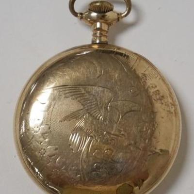 1051	ELGIN POCKET WATCH IN A 20 YEAR CASE, HAS AN AMERICAN EAGLE ON THE CASE
