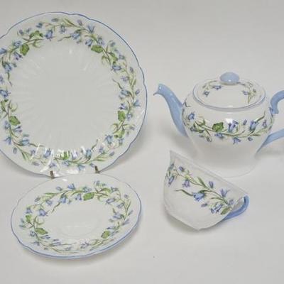 1036	FOUR PIECES OF SHELLEY *HAREBELL* TEAPOT, 8 IN PLATE & CUP & SAUCER
