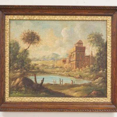1100	OIL ON CANVAS CASTLE SCENE FRAMED, OVERALL DIMENSIONS INCLUDING FRAME 25 IN X 21 IN 
