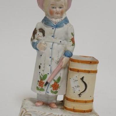 1097	FIGURAL BISQUE MATCH HOLDER, CHILD HOLDING A DOG FRONT SAYS *READY TO START* 6 IN H 
