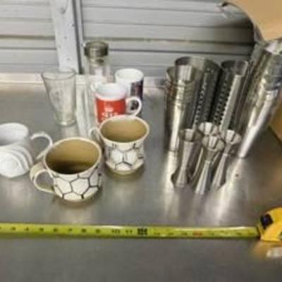Lot Of Assorted Glasses, Mugs, & Metal Containers, & Bar Back Ware