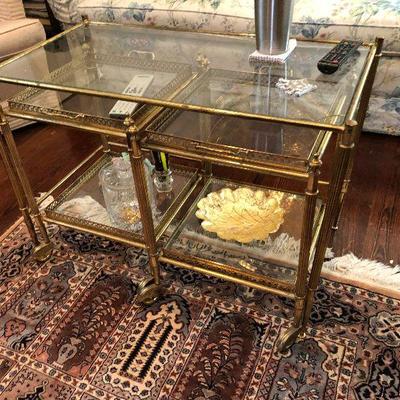https://www.ebay.com/itm/124253110036	Pr1026: Vintage Brass and Glass Coffee table with Rolling Small Tables Estate Sale Local Pickup...