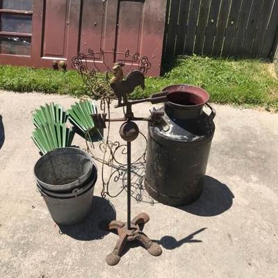 Vintage Weathervane, Milk Can, and Planters