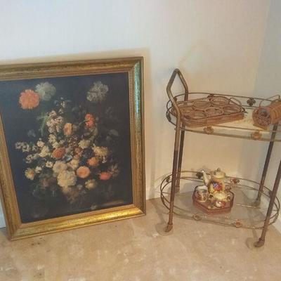 Vintage Tea Cart, Butterfly Coasters and Trays, Porcelain Tea Set