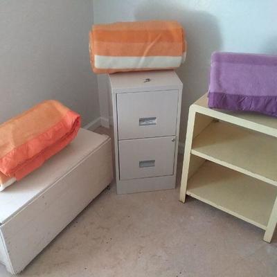 File Cabinet, Wood Chest, Metal Shelf & 3 Retro Blankets