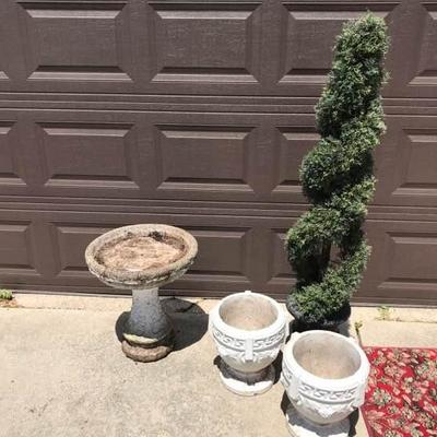 Cement Birdbath and Cement Planters