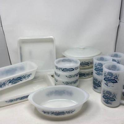 Glasbake White Milk Glass Blue Onion Flower