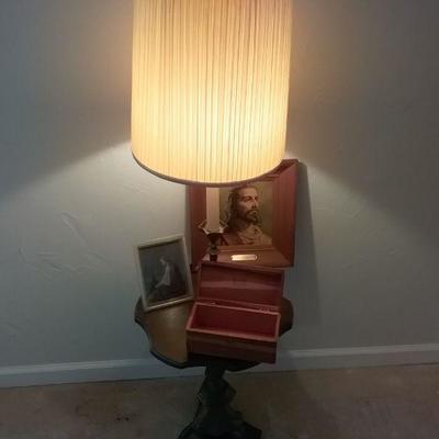 Retro Floor Lamp, Mini-Cedar Chest, and Two Jesus Prints
