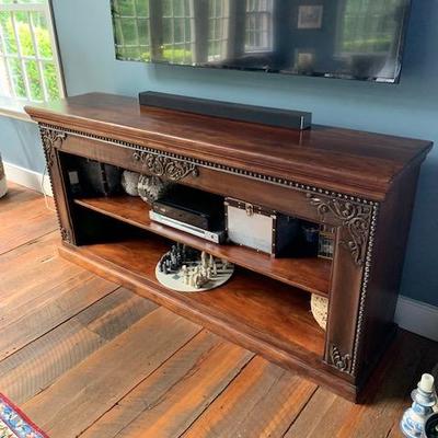 WOOD CARVED FRONT CONSOLE WITH SHELVES $235 5' LONG