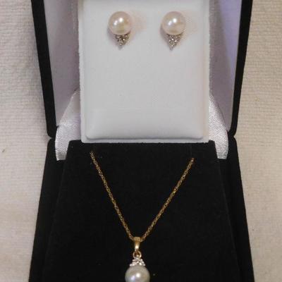 14 k Pearl and Diamond Necklace and Earrings