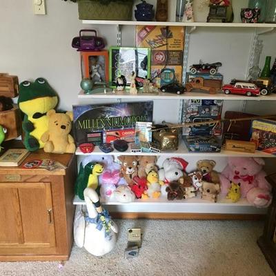 Stuffed animals, board games, vintage cars, ball glasses, home decor, lamps, picture frames, candle sticks