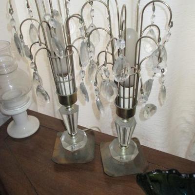 Pair Hollywood Regency Art Deco Crystal/Glass Waterfall Prism Lamps 