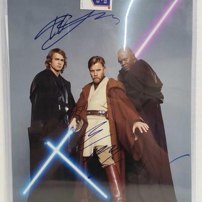 2166	

Photograph Signed By Samuel L. Jackson, Hayden Christensen, Ewan McGregor, And George Lucas with COA
Has COA. Measures Approx...