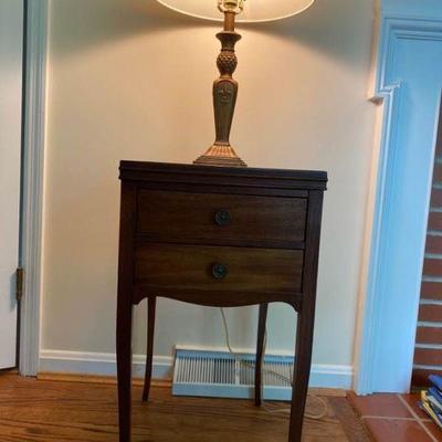 Antique Wood Table Plus Lamp