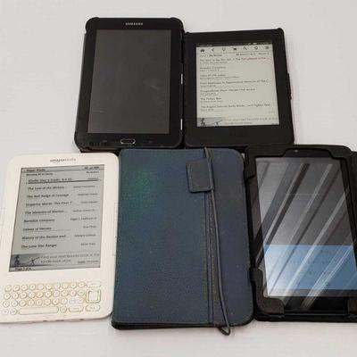 1146	
2 Amazon Kindles, Samsung Tablet, Nook Tablet 1 Tablet Case
Samsung Tablet Turns On, Charges, But Locked. Nook Tablet Turns On,...