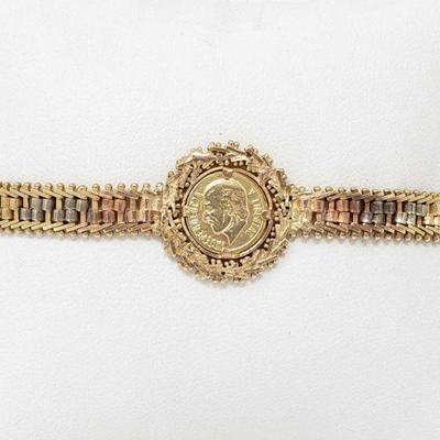 845	
10k Gold Bracelet With Gold Coin, 11.7g
Weighs Approx 11.7g. Measures Approx 7