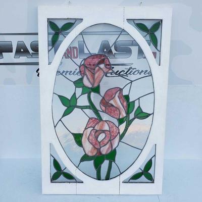 8126	
Stained Glass, Roses
White wood, hanging hooks, rose detailing stained glass. 47.5