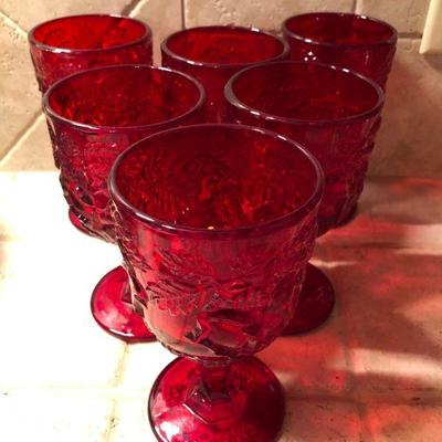 Set of 6 Vintage Madonna Inn Flat Rose Leaf Patter large glass goblet by Fenton for L. G. Wright