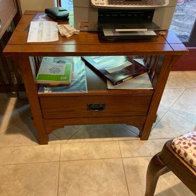 Mission style oak desk, file cabinet, small side table