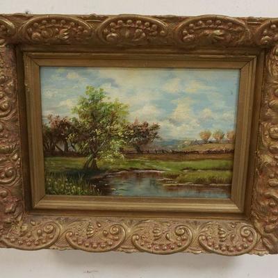 1098	OIL ON CANVAS LANDSCAPE FRAMED IN 1892, IMAGE 10 IN X 7 IN

