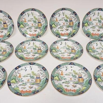 1007	SET OF 12 CROWN STAFFORDSHIRE PLATES WITH ASIAN DESIGN MADE FOR TIFFANY AND COMPANY NEW YORK. 8 3/8 IN
