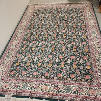1096	COLORFUL FLORAL ROOM SIZE RUN ON A GREEN GROUND W/IVORY BORDER, 11 FT 9 IN X 14 FT
