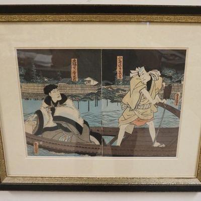 1100	SIGNED JAPANESE WOODBLOCK PRINT, 2 MEN IN A BOAT, FRAMED & DOUBLE MATTED, OVERALL 27 1/2 IN X 22 IN
