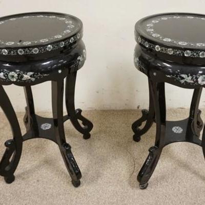 1053	PAIR OF BLACK LACQUER STANDS WITH MOP INLAY, 12 1/2 IN TOP DIAMETER, 21 3/4 IN HIGH
