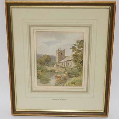 1005	THOMAS N. TYNDALE WATERCOLOR OF COWS IN A STREAM WITH A CASTLE IN THE BACKGROUND. IMAGE IS 5 3/8 IN X 6 1/2 IN. ARTIST INFO ON REVERSE
