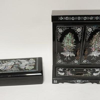 1050	2 ASIAN BLACK LACQUER AND MOP BOXES-ONE FOR JEWELRY, ONE A SMOKING BOX W/BRASS ASHTRAY. JEWELRY BOX IS 13 IN HIGH
