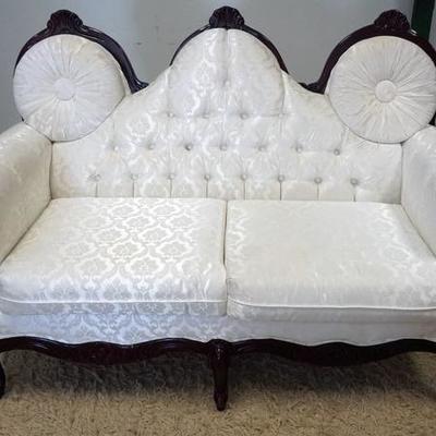 1081	CARVED TUFTED LOVESEAT WITH WHITE BROCADE UPHOLSTERY, 59 IN WIDE.
